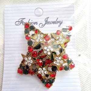 Vintage Christmas Stars Broach Pin Red Green & Clear Crystals Bling New!